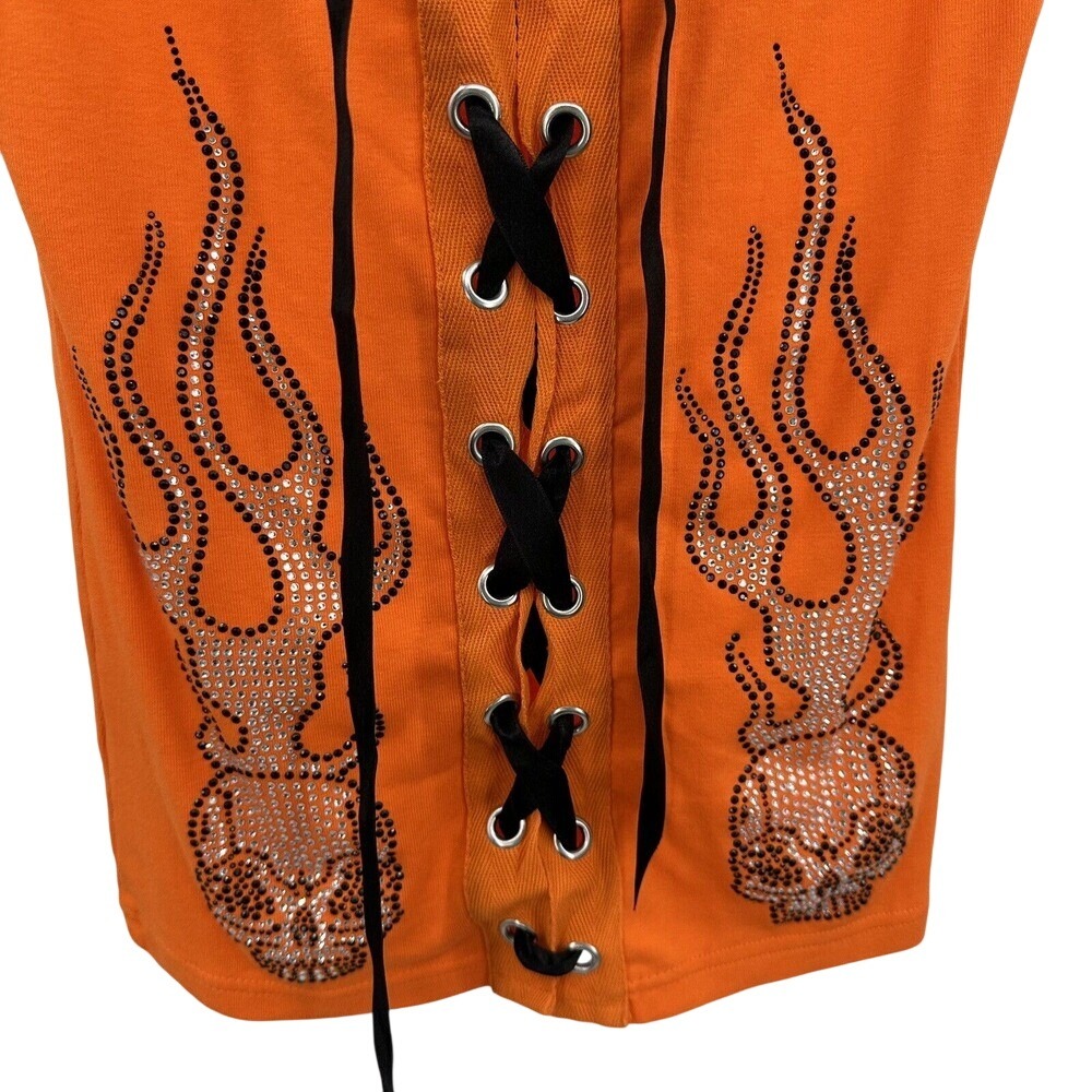 Biker Clothing Company Orange Lace Up Rhinestone Skull Flame Tank Top Women L